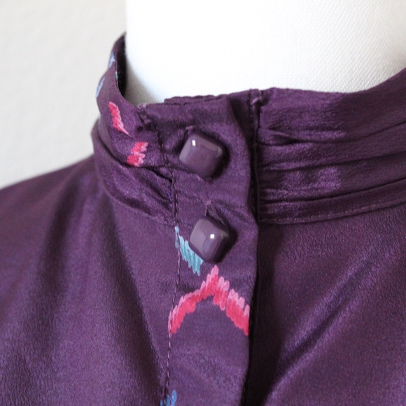 Vintage Deep Purple High-Neckline Puff Sleeve Button Down Shirt - Picture 2 of 8